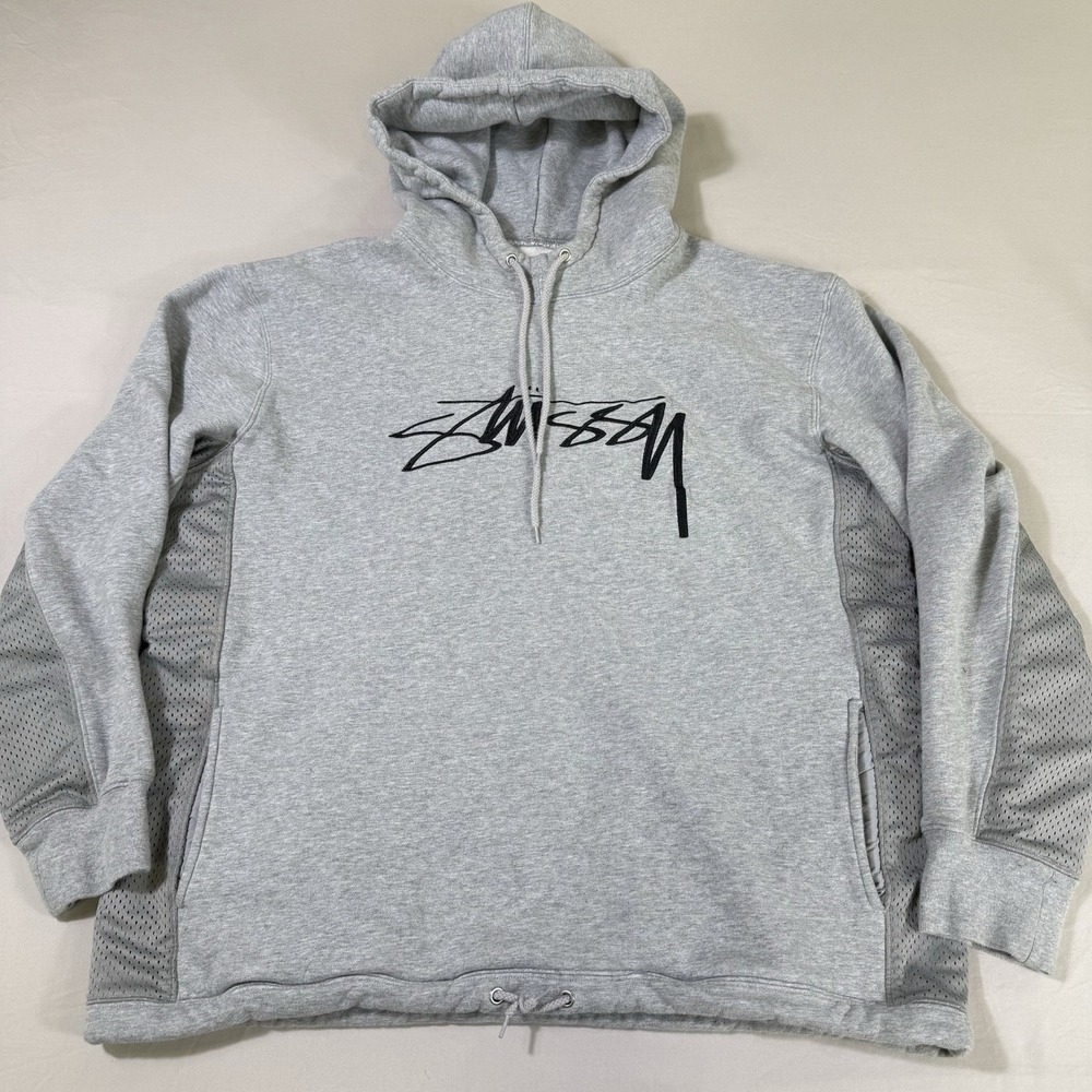 Vintage Stussy Logo Hoodie Men's XXL Grey Embroidered Heavyweight Pockets 90's